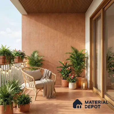 Scandinavian balcony with terracotta floor tiles, terracotta wall tiles, and wooden louver ceiling