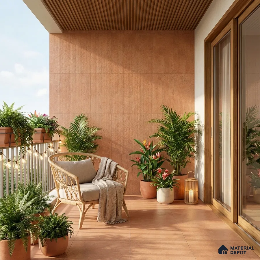 Scandinavian balcony with terracotta floor tiles, terracotta wall tiles, and wooden louver ceiling