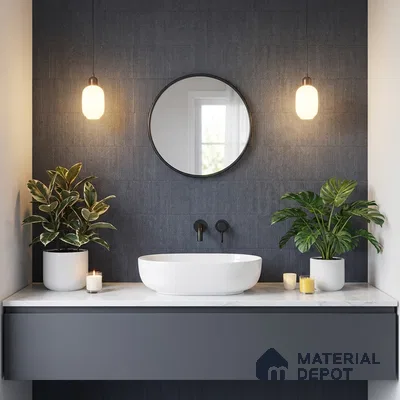 Minimalist bathroom with dark grey fluted wall tiles and white marble countertop