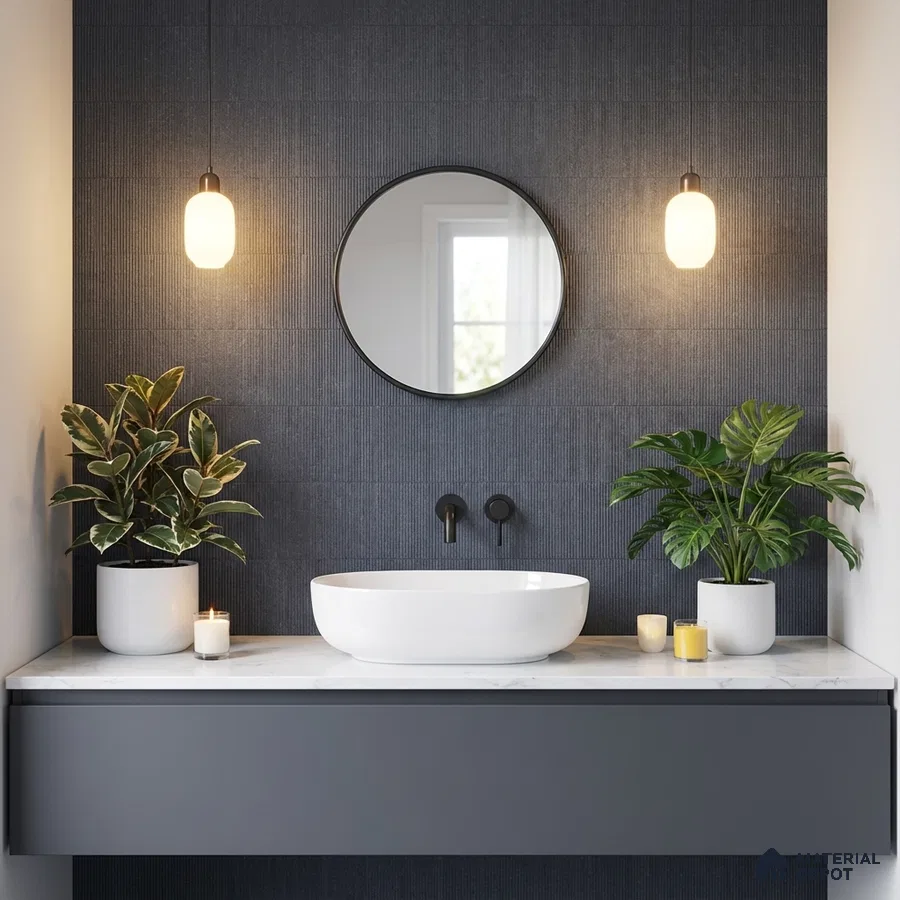 Minimalist bathroom with dark grey fluted wall tiles and white marble countertop