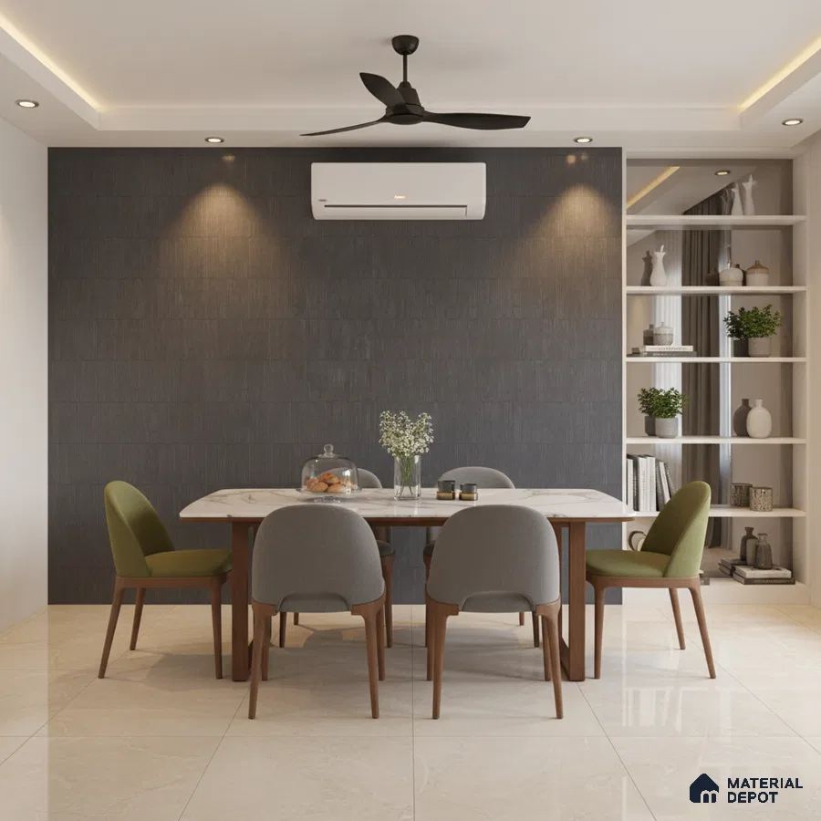 Modern dining room with marble top table, grey textured wall tile, and ivory marble floor tile