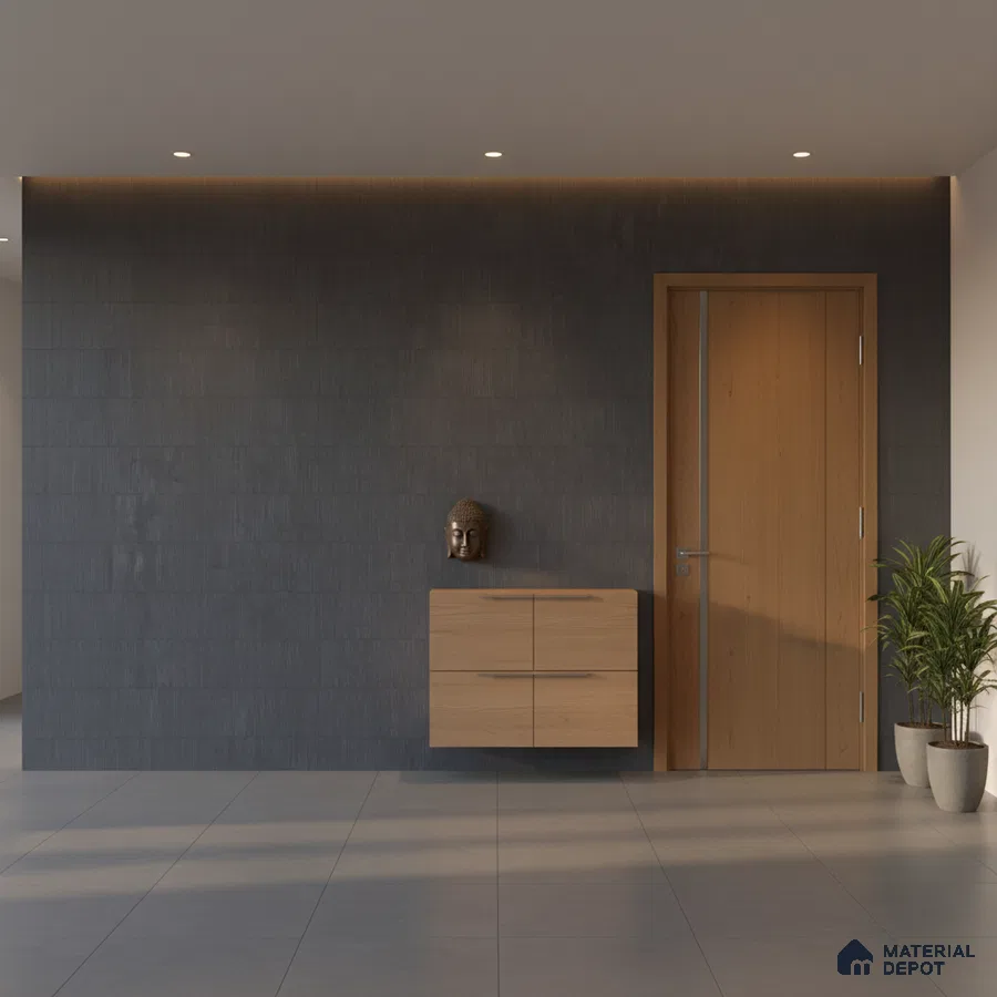 Minimalist foyer with charcoal textured wall tile, light oak laminate door and floating cabinet