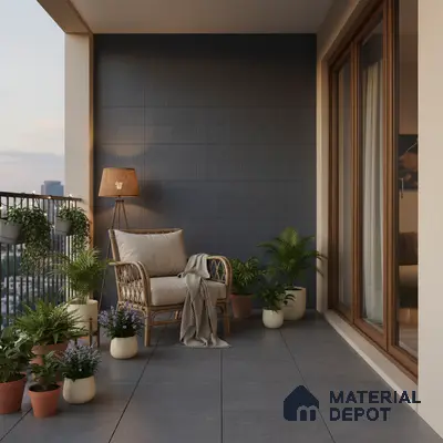 Scandinavian balcony with grey floor tiles, textured dark wall tiles, and rattan chair
