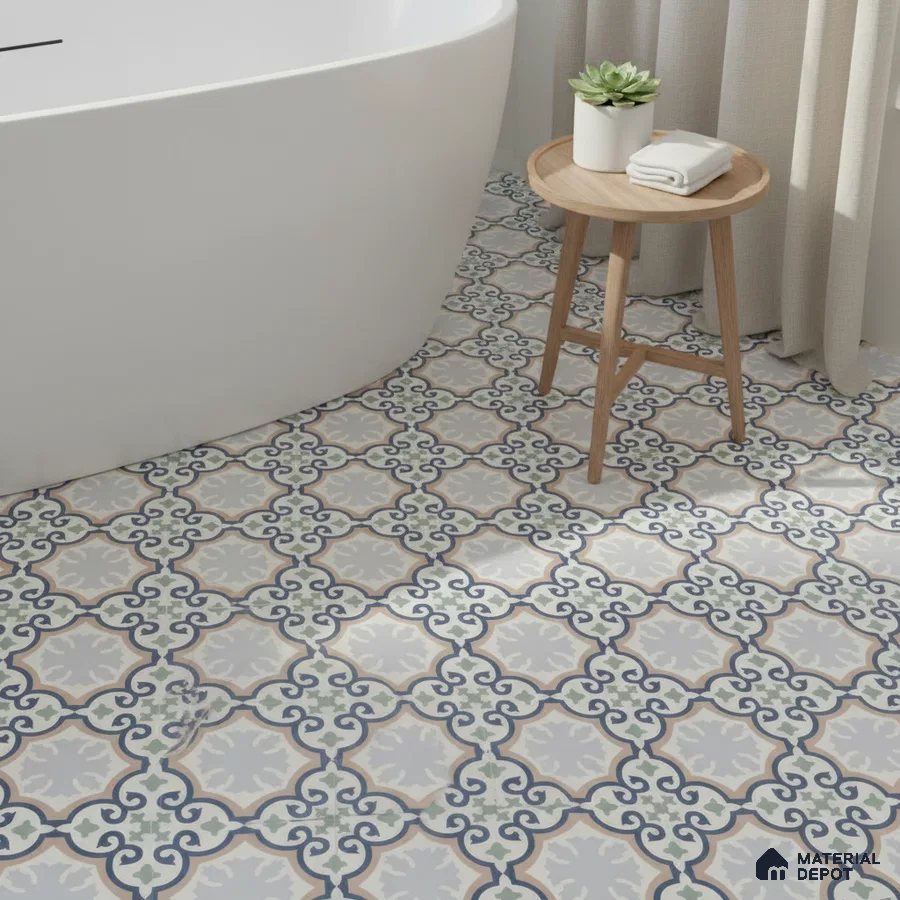 Modern bathroom with blue and green moroccan patterned floor tiles and freestanding tub