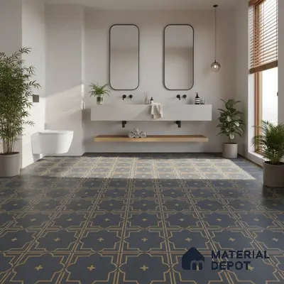 Modern bathroom with geometric patterned floor tiles and floating concrete vanity