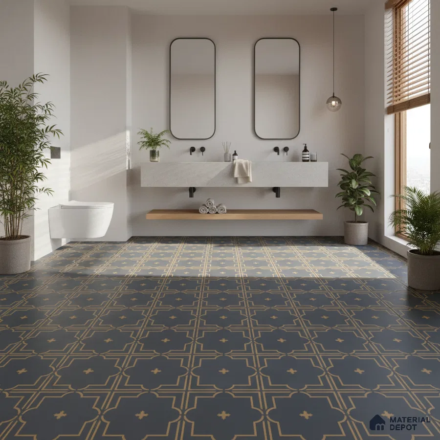 Modern bathroom with geometric patterned floor tiles and floating concrete vanity