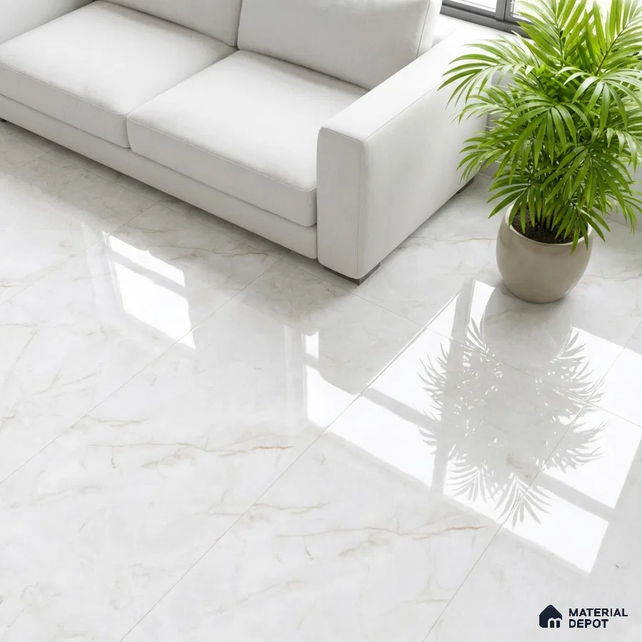 Minimalist living room with glossy white marble floor tiles and ivory fabric sofa