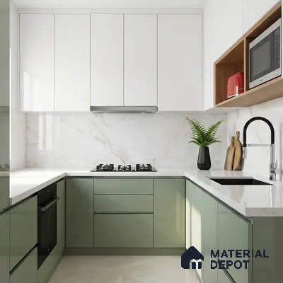 Modern dual tone kitchen with sage green and frosty white high gloss laminate, white marble-look backsplash and countertop