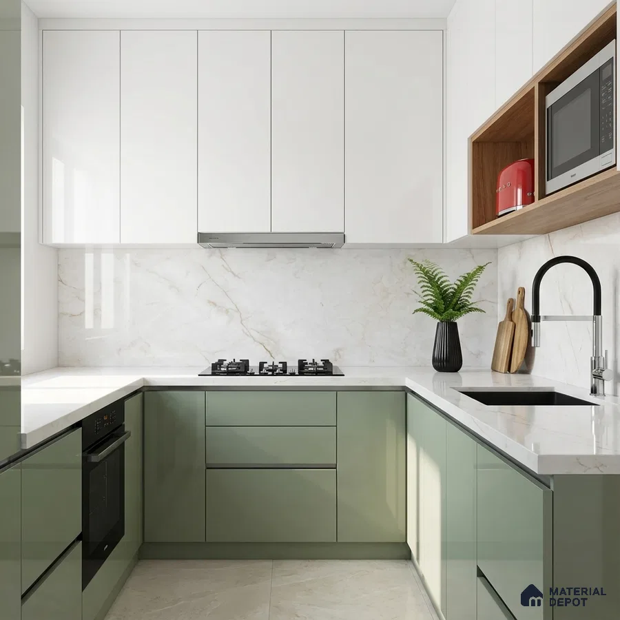 Modern dual tone kitchen with sage green and frosty white high gloss laminate, white marble-look backsplash and countertop