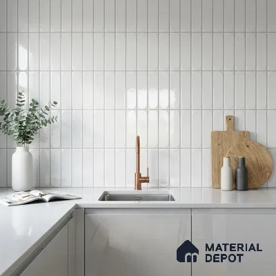 Scandinavian Kitchen with Glossy White Picket Backsplash Tile