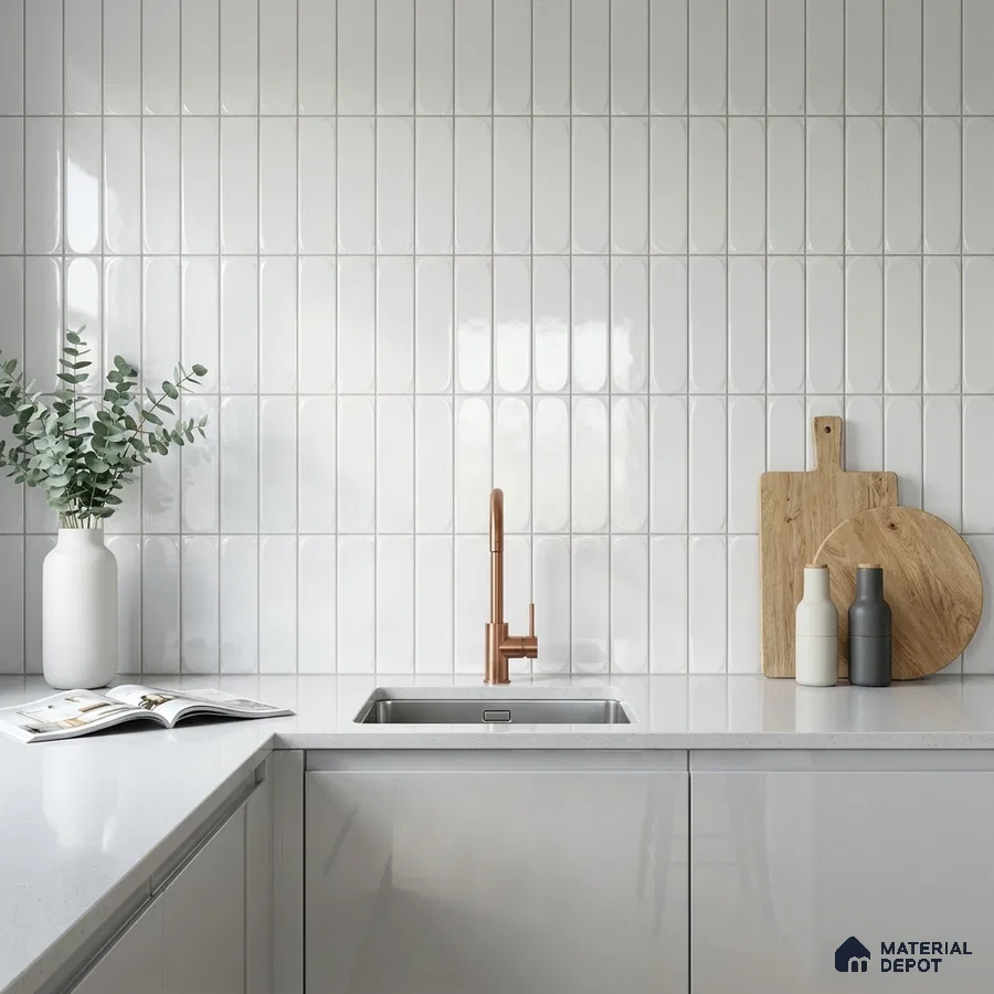 Scandinavian Kitchen with Glossy White Picket Backsplash Tile