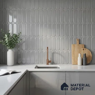 Scandinavian Kitchen with Glossy Grey Picket Backsplash Tile