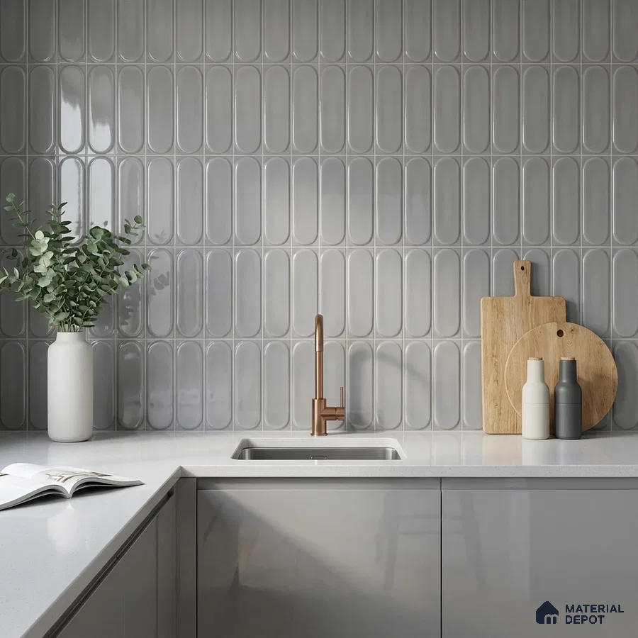 Scandinavian Kitchen with Glossy Grey Picket Backsplash Tile