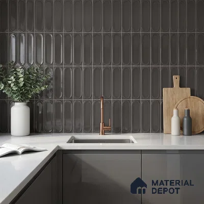 Modern Kitchen with Glossy Charcoal Grey Picket Backsplash Tile