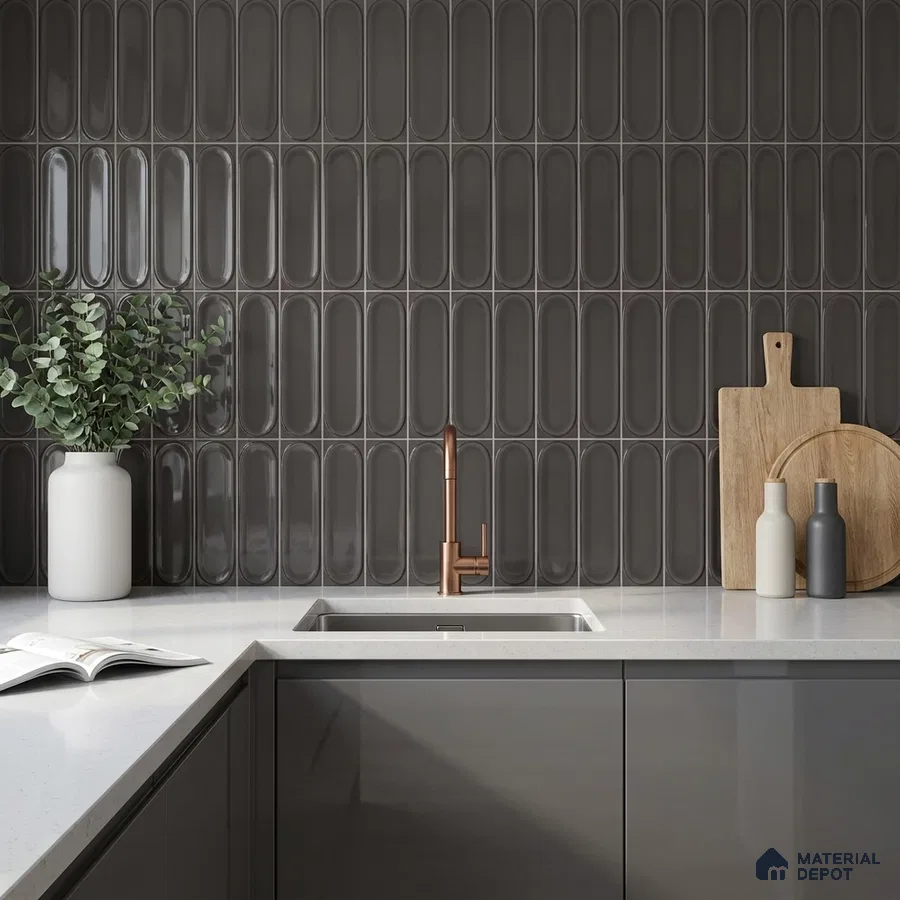 Modern Kitchen with Glossy Charcoal Grey Picket Backsplash Tile