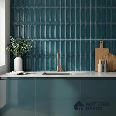 Modern Kitchen with Glossy Teal Blue Picket Backsplash Tile