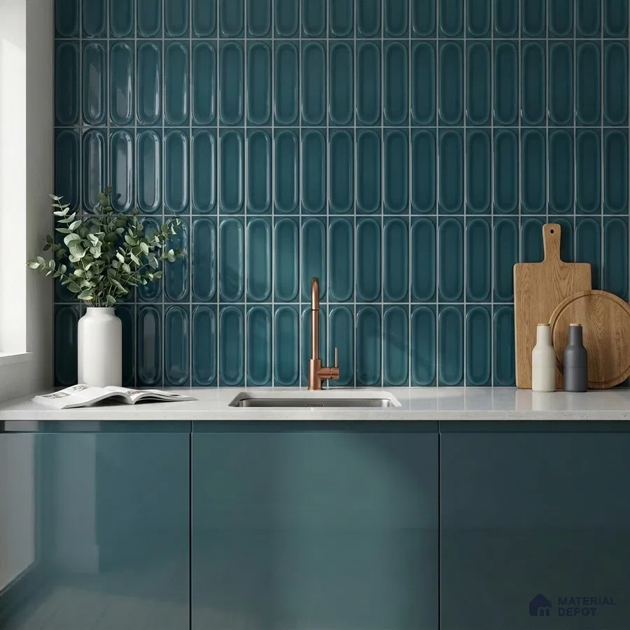 Modern Kitchen with Glossy Teal Blue Picket Backsplash Tile