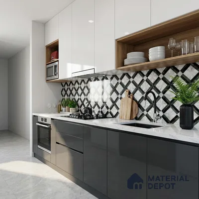 Modern kitchen with glossy grey and white laminate, quartz countertop, and geometric black-and-white backsplash tile
