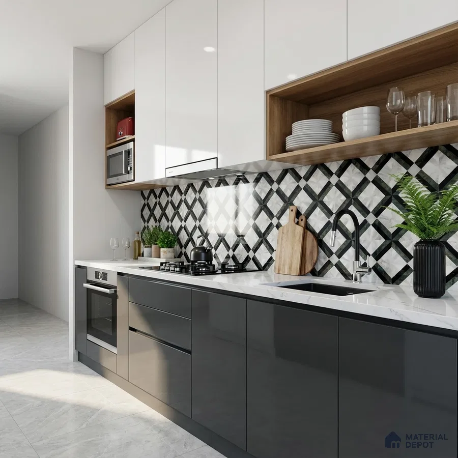 Modern kitchen with glossy grey and white laminate, quartz countertop, and geometric black-and-white backsplash tile