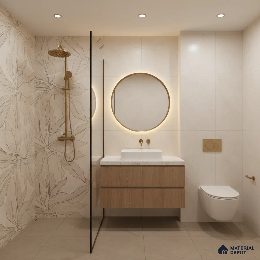 Modern bathroom with beige floral wall tiles, light wood vanity, and matte beige floor tiles