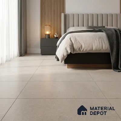 Modern Bedroom with Beige Stone-Look Floor Tile