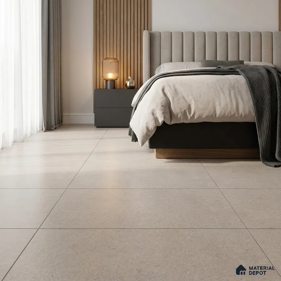 Modern Bedroom with Beige Stone-Look Floor Tile