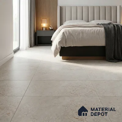 Modern Bedroom with Cream Travertine-Look Floor Tile