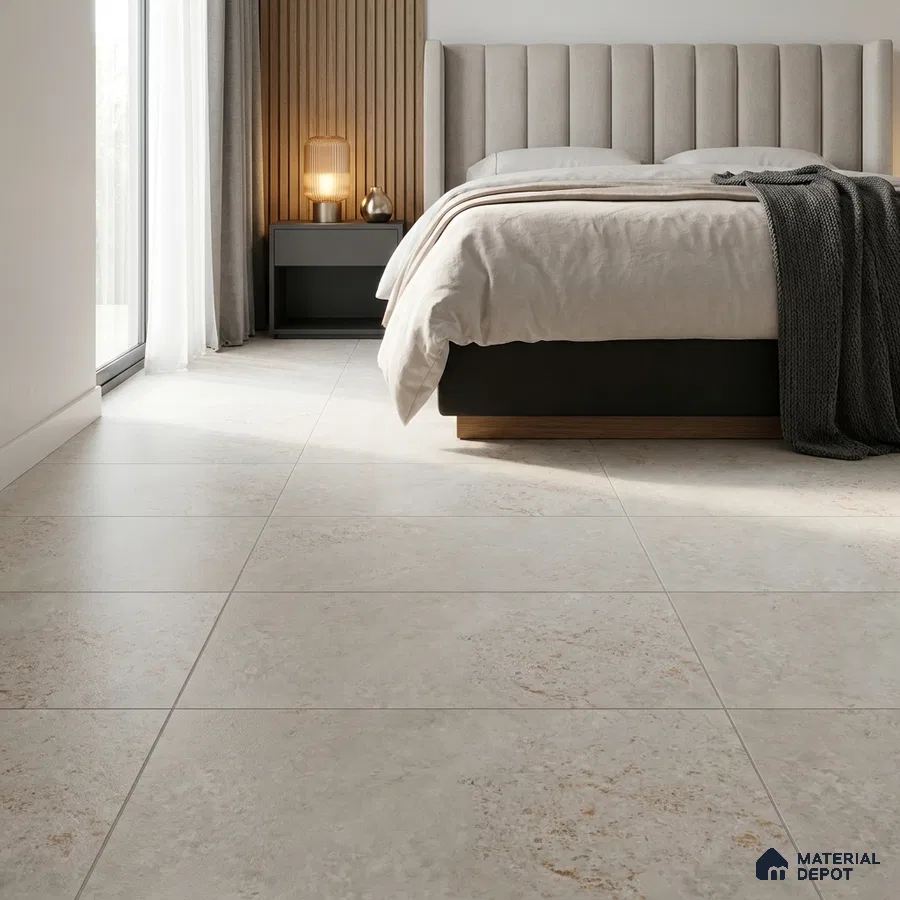 Modern Bedroom with Cream Travertine-Look Floor Tile