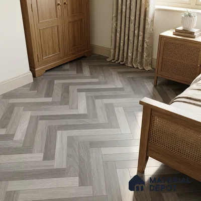Traditional Bedroom with Grey Wood-Look Herringbone Floor Tile