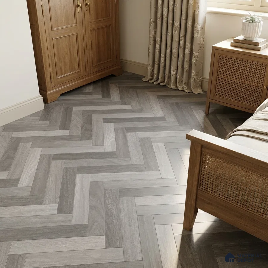 Traditional Bedroom with Grey Wood-Look Herringbone Floor Tile