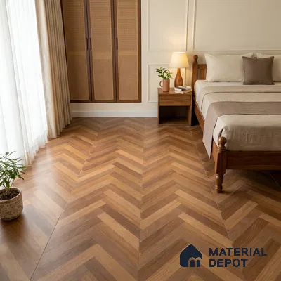 Japandi Bedroom with Warm Brown Wood-Look Chevron Floor Tile