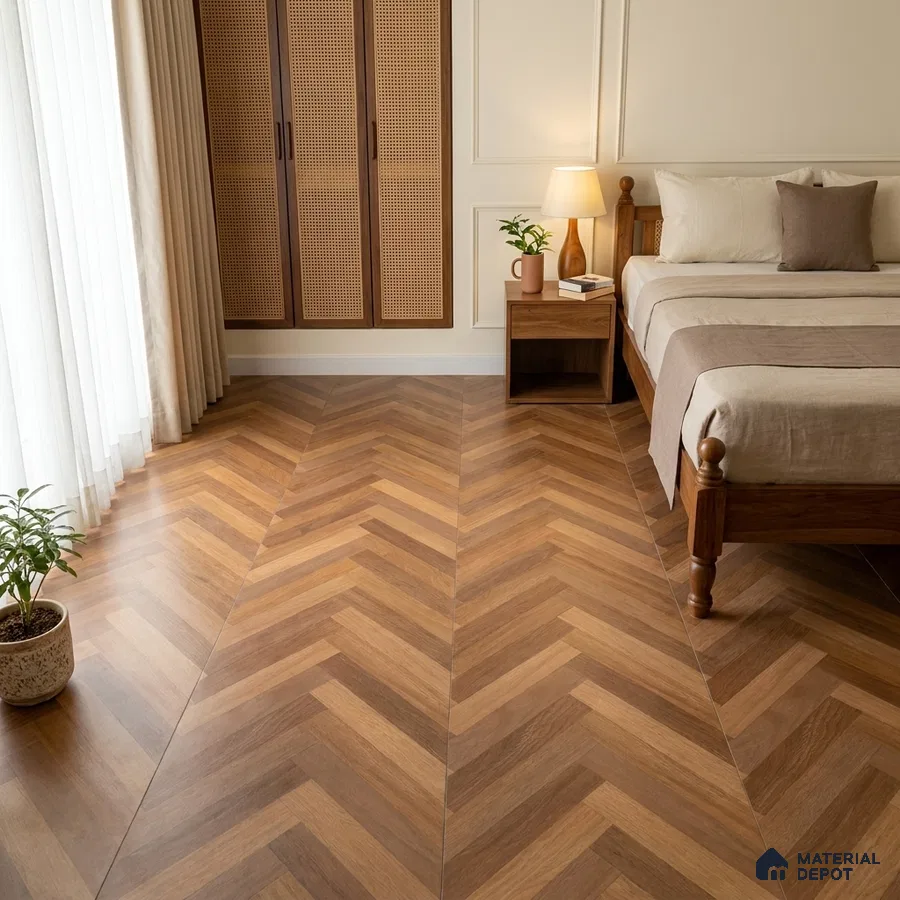 Japandi Bedroom with Warm Brown Wood-Look Chevron Floor Tile