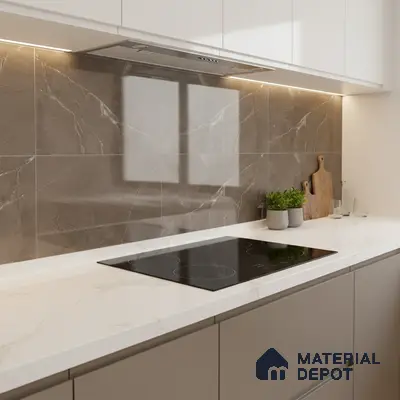 Modern kitchen with taupe marble-look backsplash tile and white marble quartz countertop