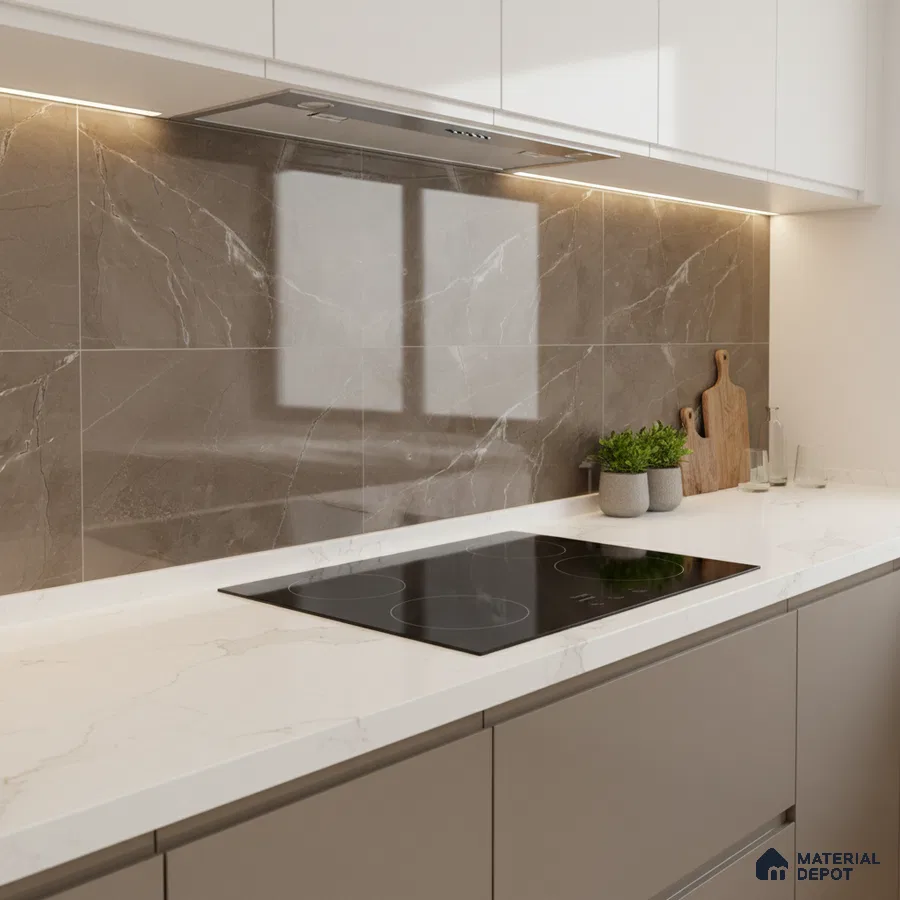 Modern kitchen with taupe marble-look backsplash tile and white marble quartz countertop