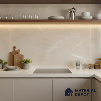 Modern kitchen with beige marble-look wall tiles, white quartz countertop, and taupe laminate cabinets