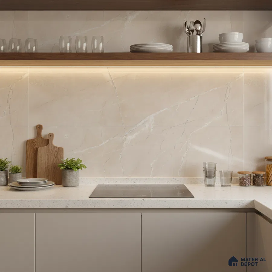 Modern kitchen with beige marble-look wall tiles, white quartz countertop, and taupe laminate cabinets