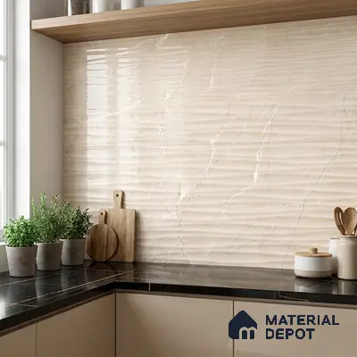 Modern kitchen with beige marble-look textured wall tile backsplash and black marble countertop