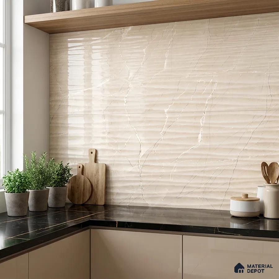 Modern kitchen with beige marble-look textured wall tile backsplash and black marble countertop