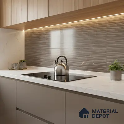 Modern kitchen with marble-look quartz countertop, taupe matte laminate cabinets, and textured grey backsplash tile