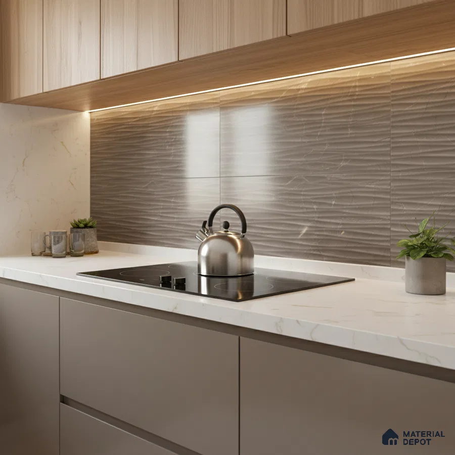 Modern kitchen with marble-look quartz countertop, taupe matte laminate cabinets, and textured grey backsplash tile