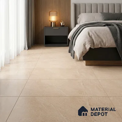 Modern Bedroom with Beige Stone-Look Floor Tile