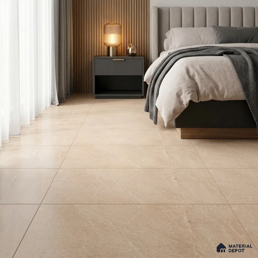 Modern Bedroom with Beige Stone-Look Floor Tile
