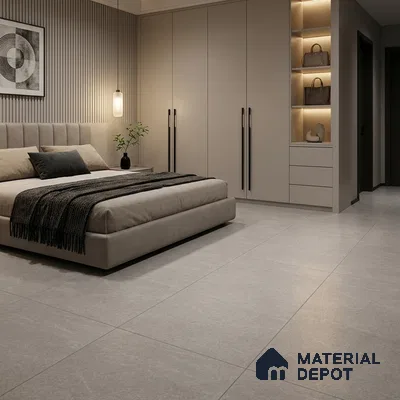 Modern Bedroom with Light Grey Stone-Look Floor Tile