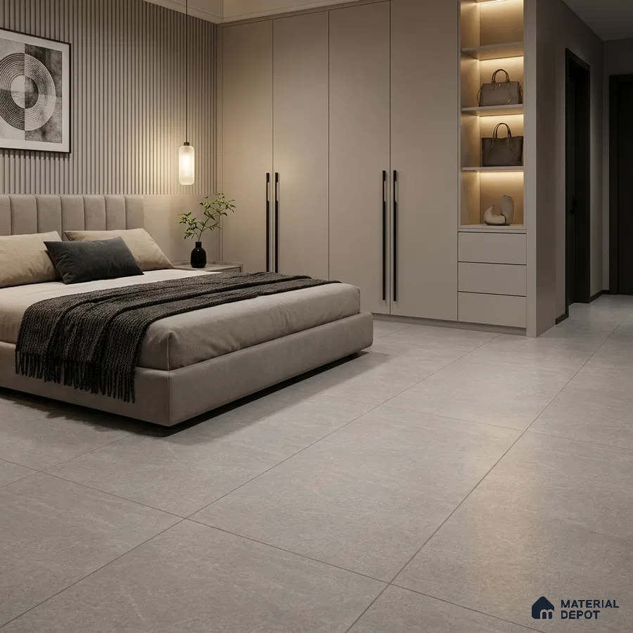 Modern Bedroom with Light Grey Stone-Look Floor Tile