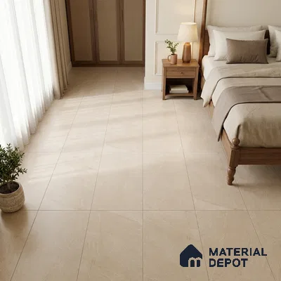 Traditional Bedroom with Beige Stone-Look Floor Tile