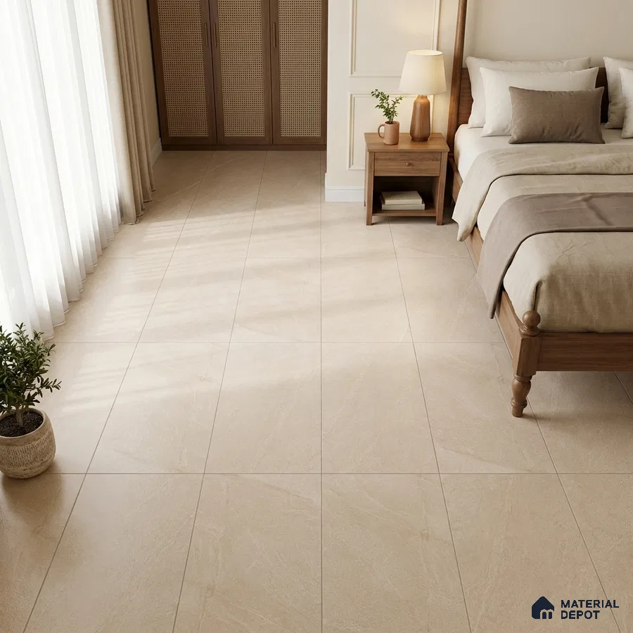Traditional Bedroom with Beige Stone-Look Floor Tile