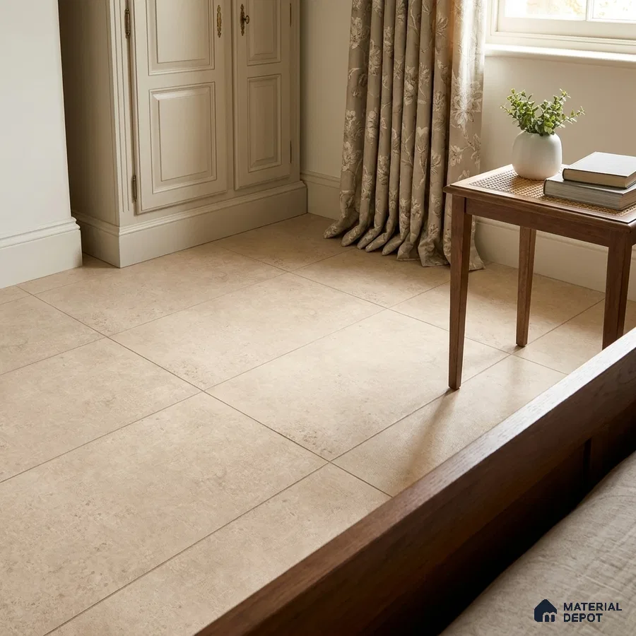 Traditional Bedroom with Cream Limestone-Look Floor Tile