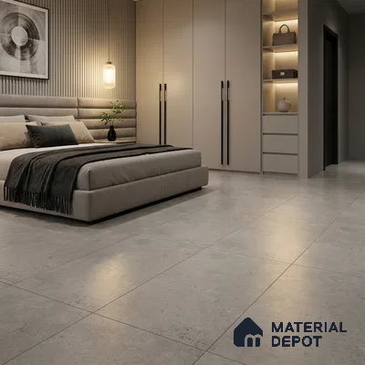 Modern Bedroom with Light Grey Stone-Look Floor Tile