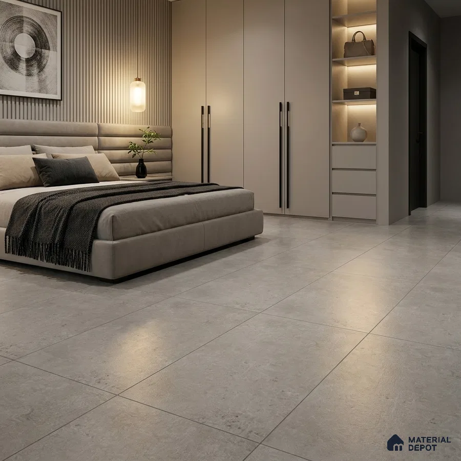 Modern Bedroom with Light Grey Stone-Look Floor Tile