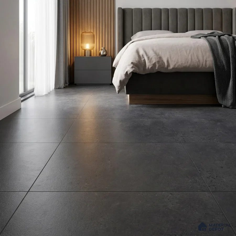 Modern Bedroom with Charcoal Stone-Look Floor Tile